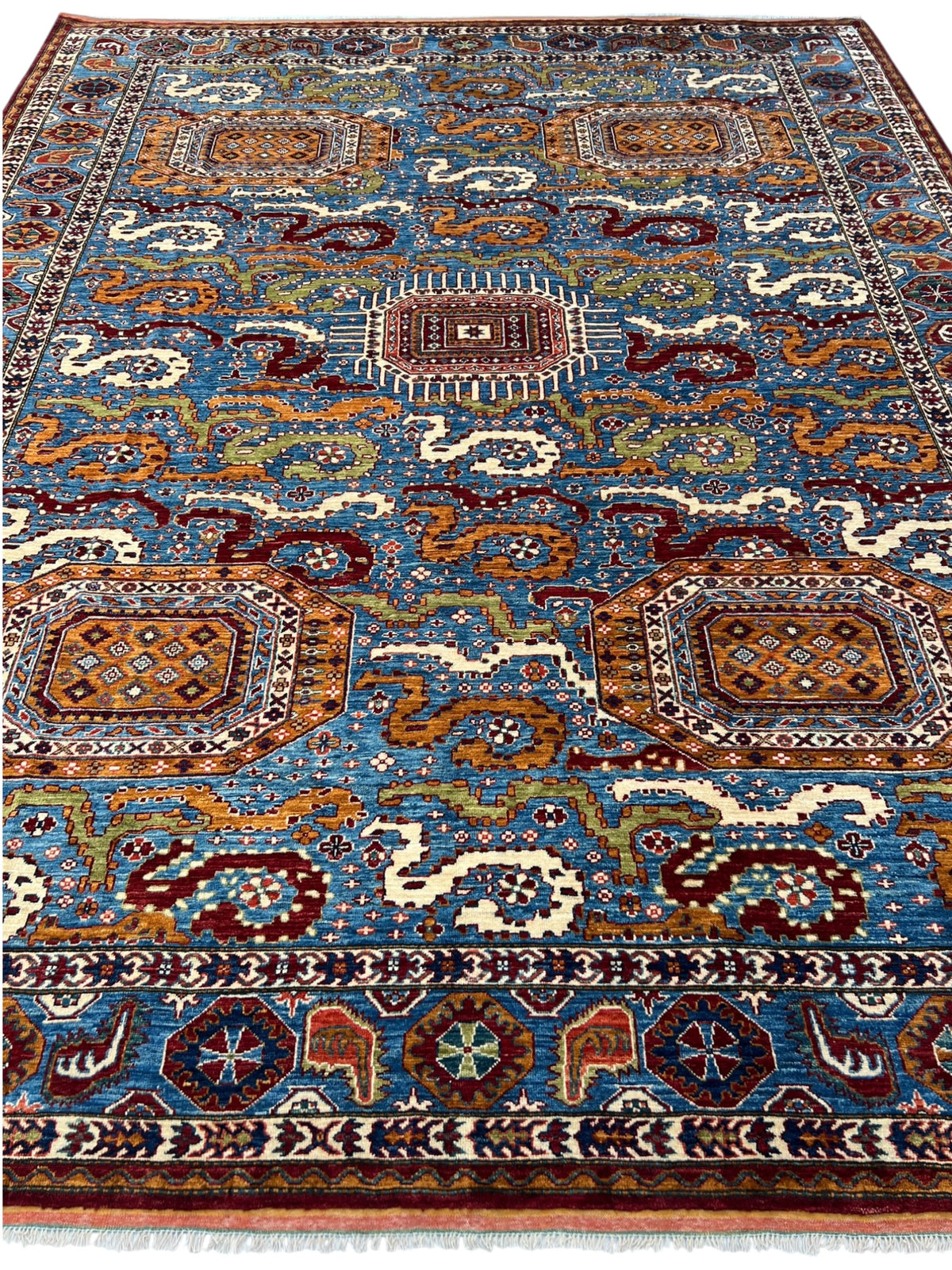 Afghan Herati Rug 9x12 | Light Blue, Red & Orange | Hand-Knotted Wool