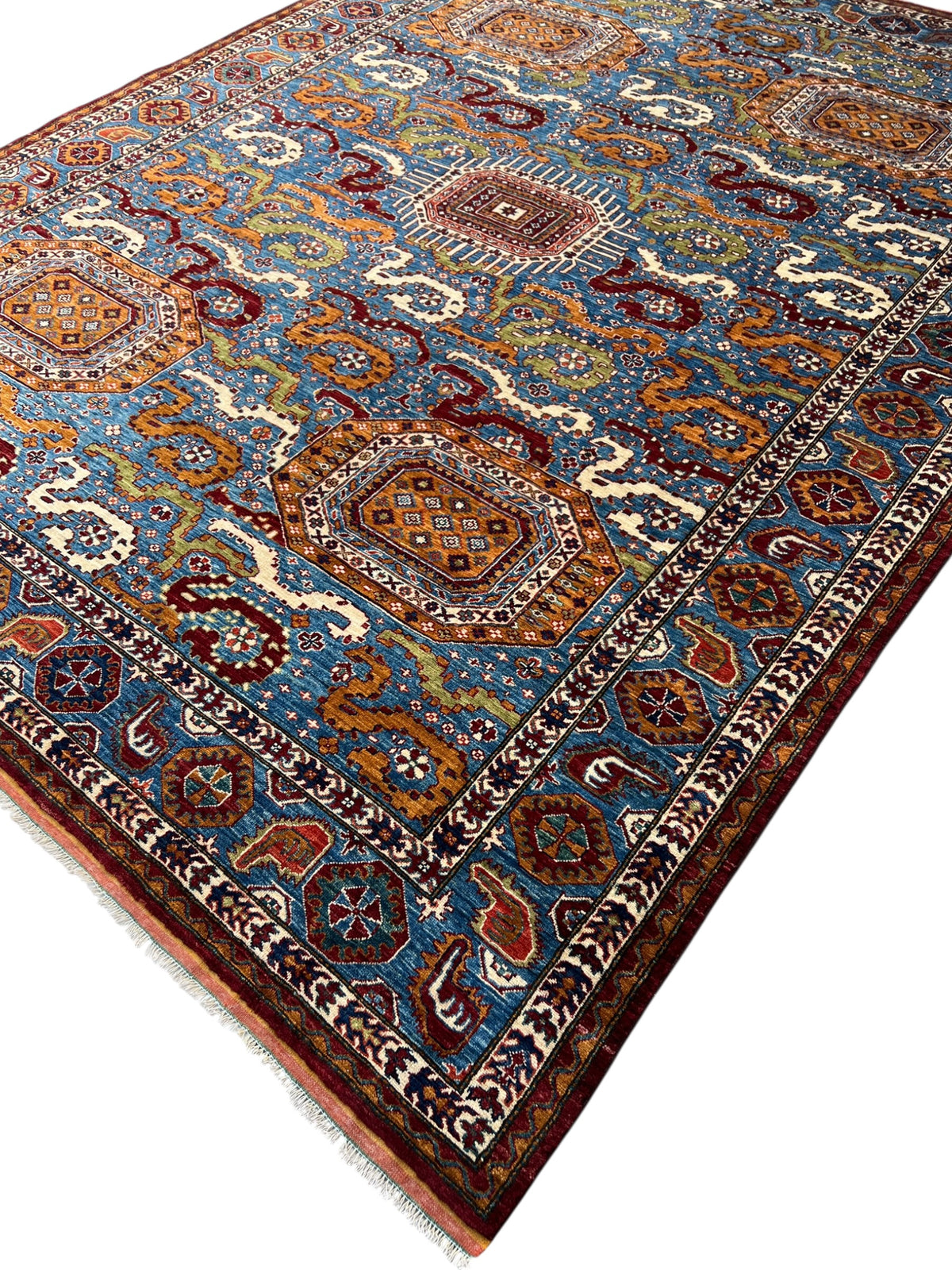 Afghan Herati Rug 9x12 | Light Blue, Red & Orange | Hand-Knotted Wool
