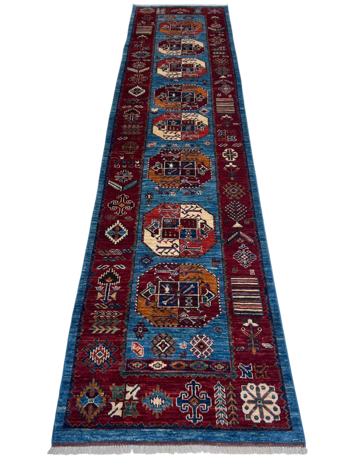 Afghan Turkmen Runner 2'10" x 11'3", Hand-Knotted Wool, Blue & Red, view 3
