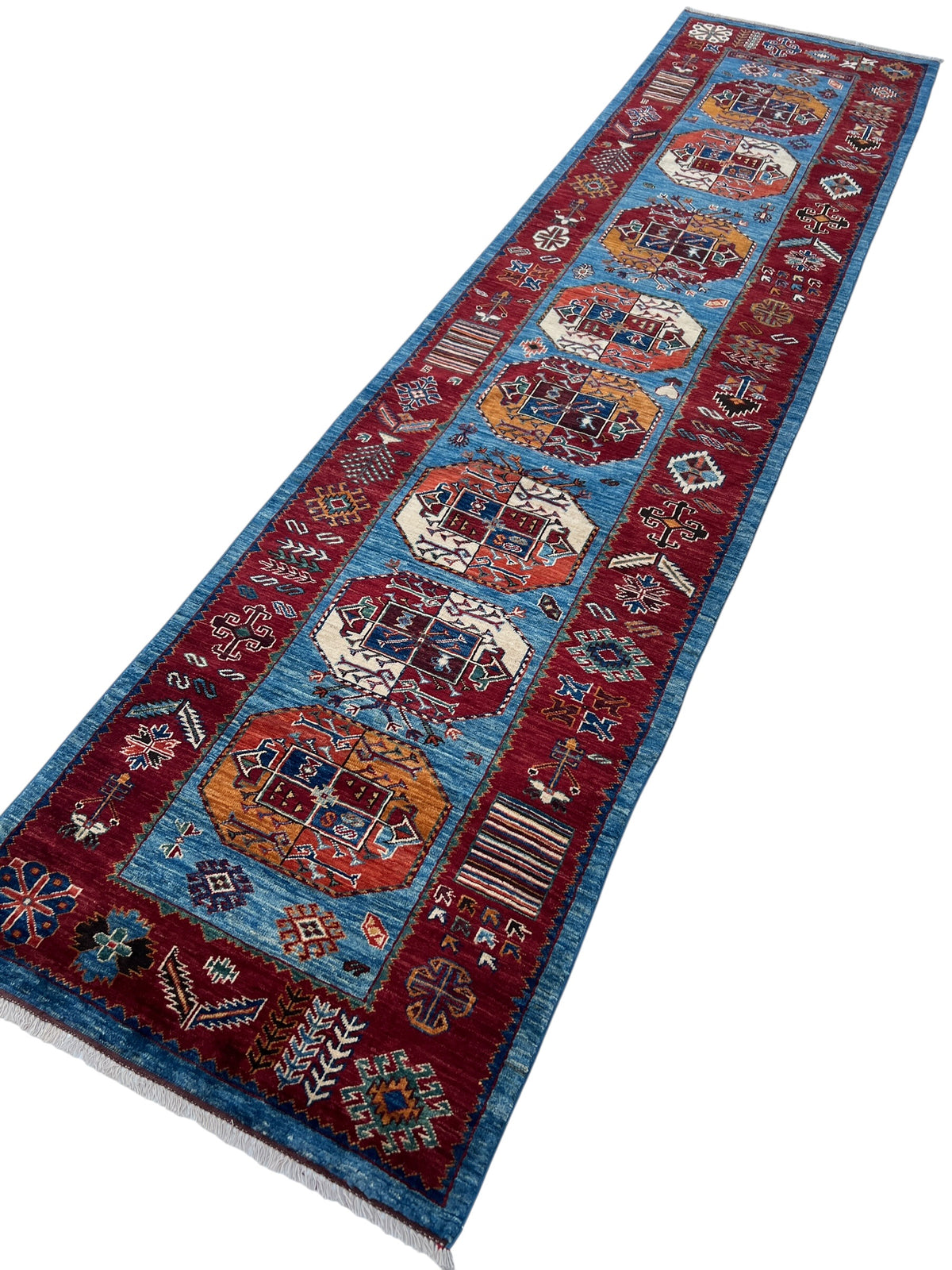 Afghan Turkmen Runner 2'10" x 11'3", Hand-Knotted Wool, Blue & Red, view 4