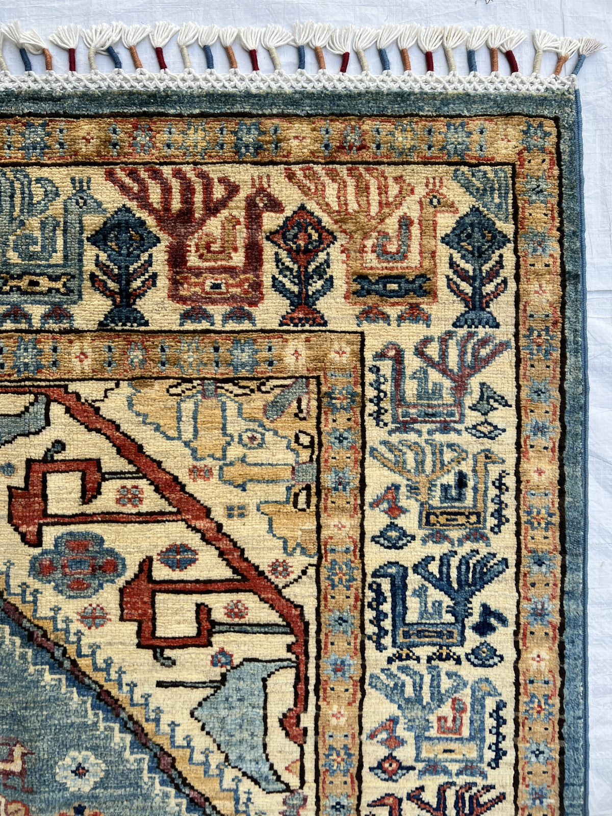 Super Kazak Rug 7x10 | Light Blue, Ivory & Rust | Hand-Knotted Wool