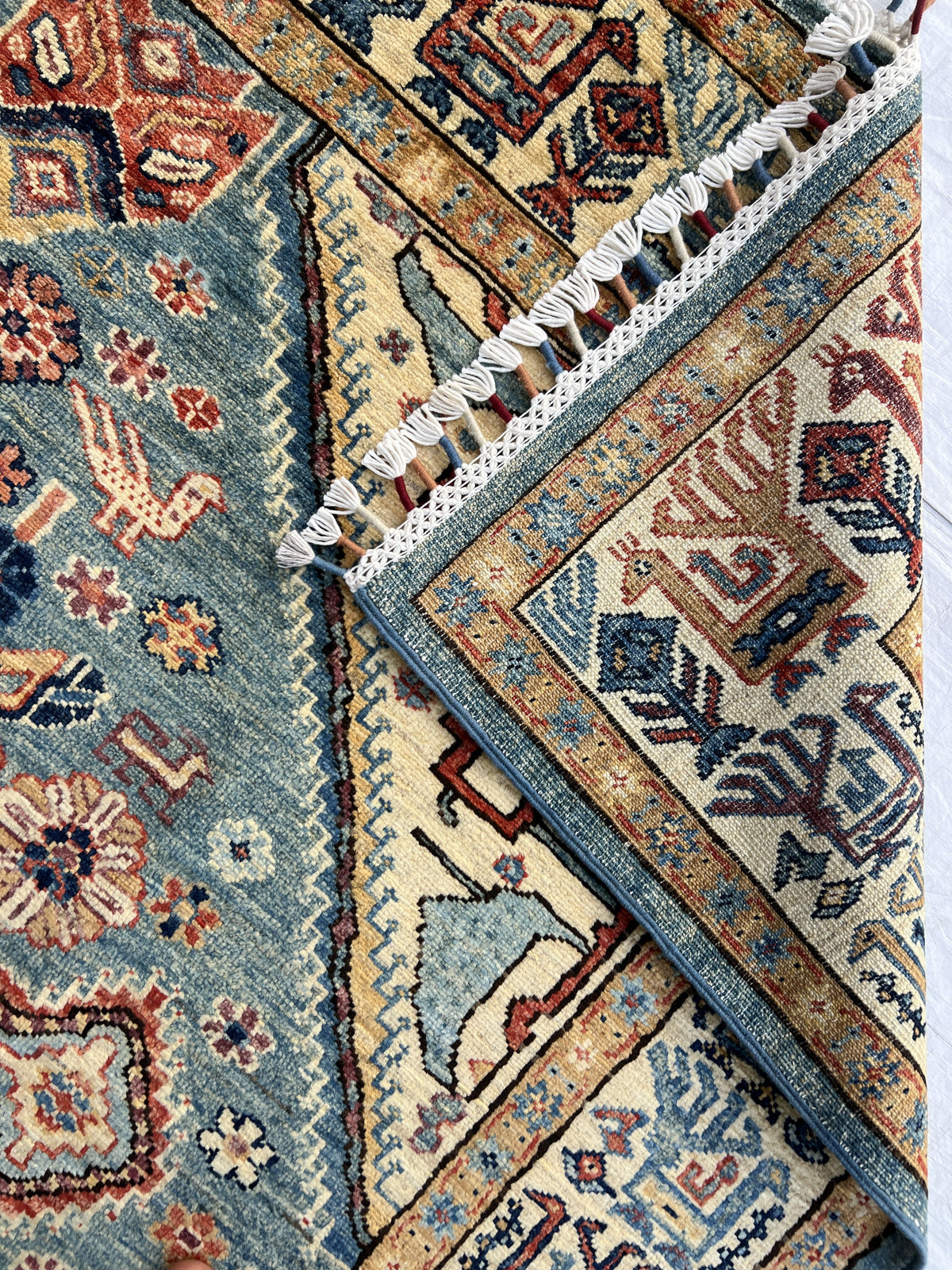 Super Kazak Rug 7x10 | Light Blue, Ivory & Rust | Hand-Knotted Wool