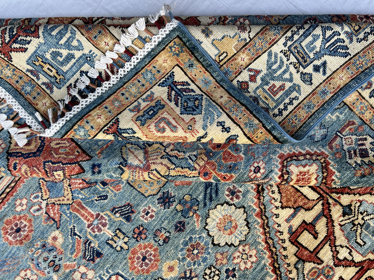 Super Kazak Rug 7x10 | Light Blue, Ivory & Rust | Hand-Knotted Wool