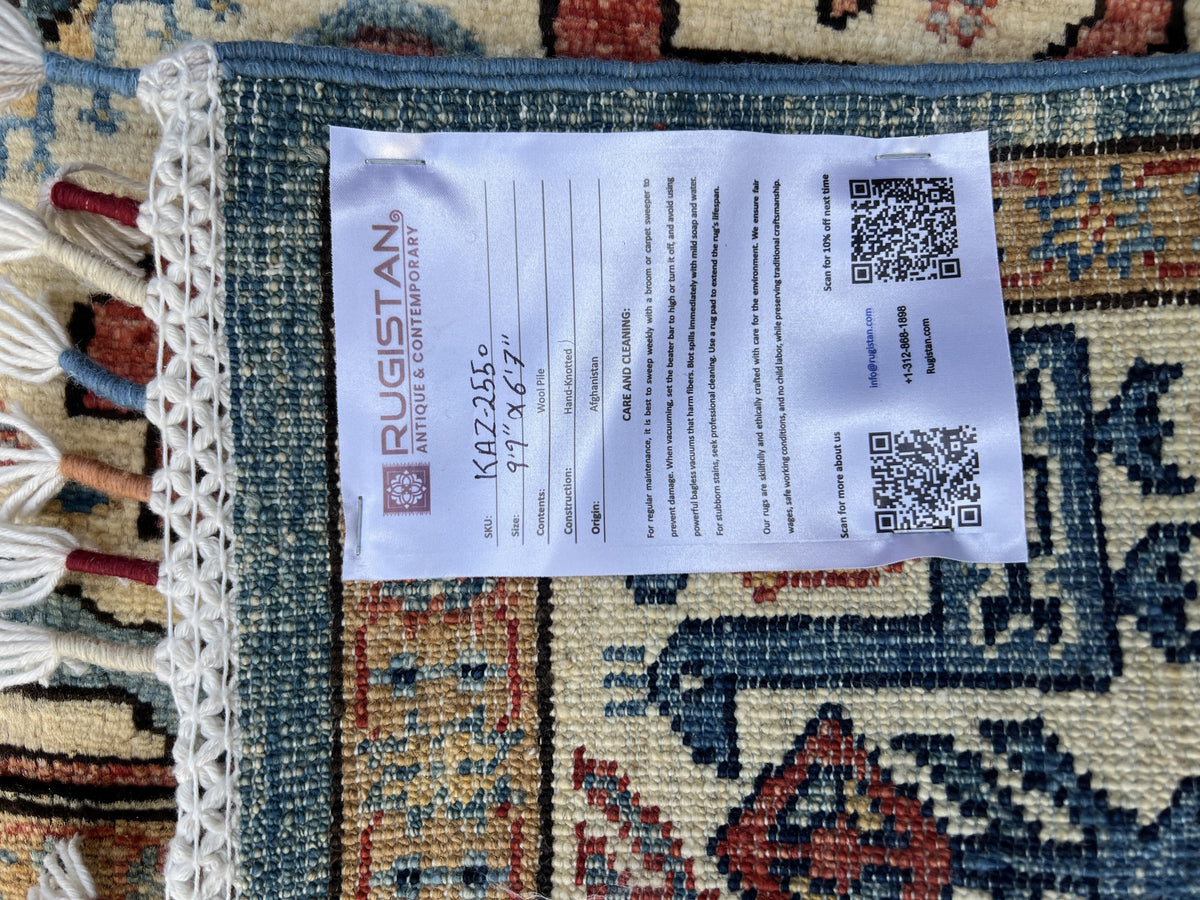 Super Kazak Rug 7x10 | Light Blue, Ivory & Rust | Hand-Knotted Wool