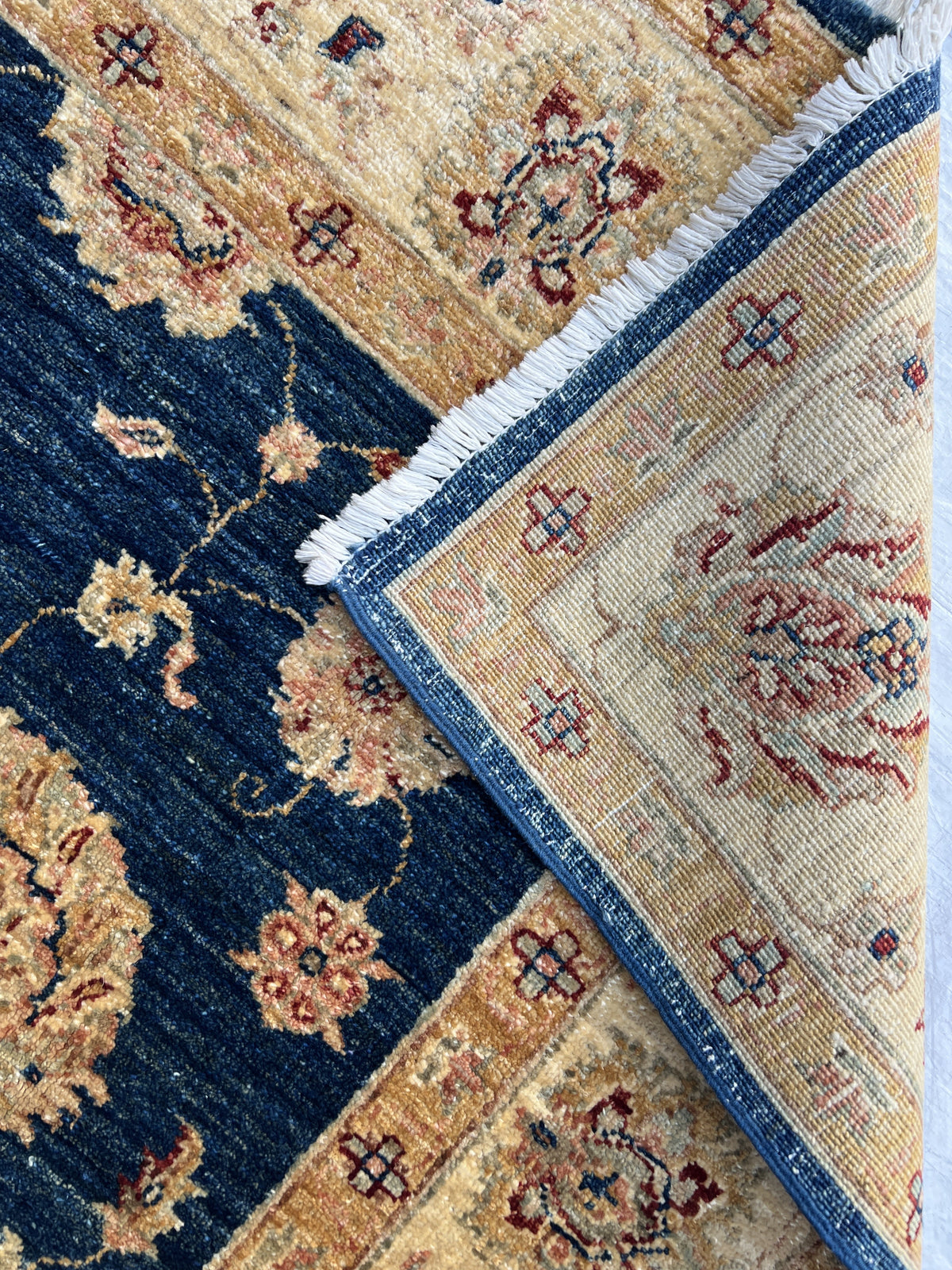 Chobi Ziegler Rug 5x8 | Navy, Beige & Tan | Hand-Knotted Wool