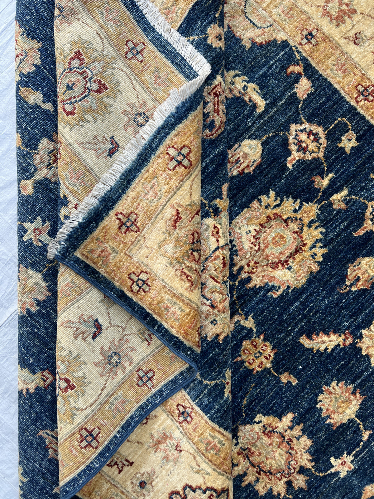 Chobi Ziegler Rug 5x8 | Navy, Beige & Tan | Hand-Knotted Wool