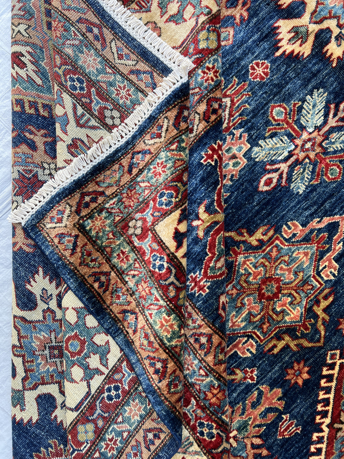 Super Kazak Rug 9x12 | Navy, Red & Ivory | Hand-Knotted Wool