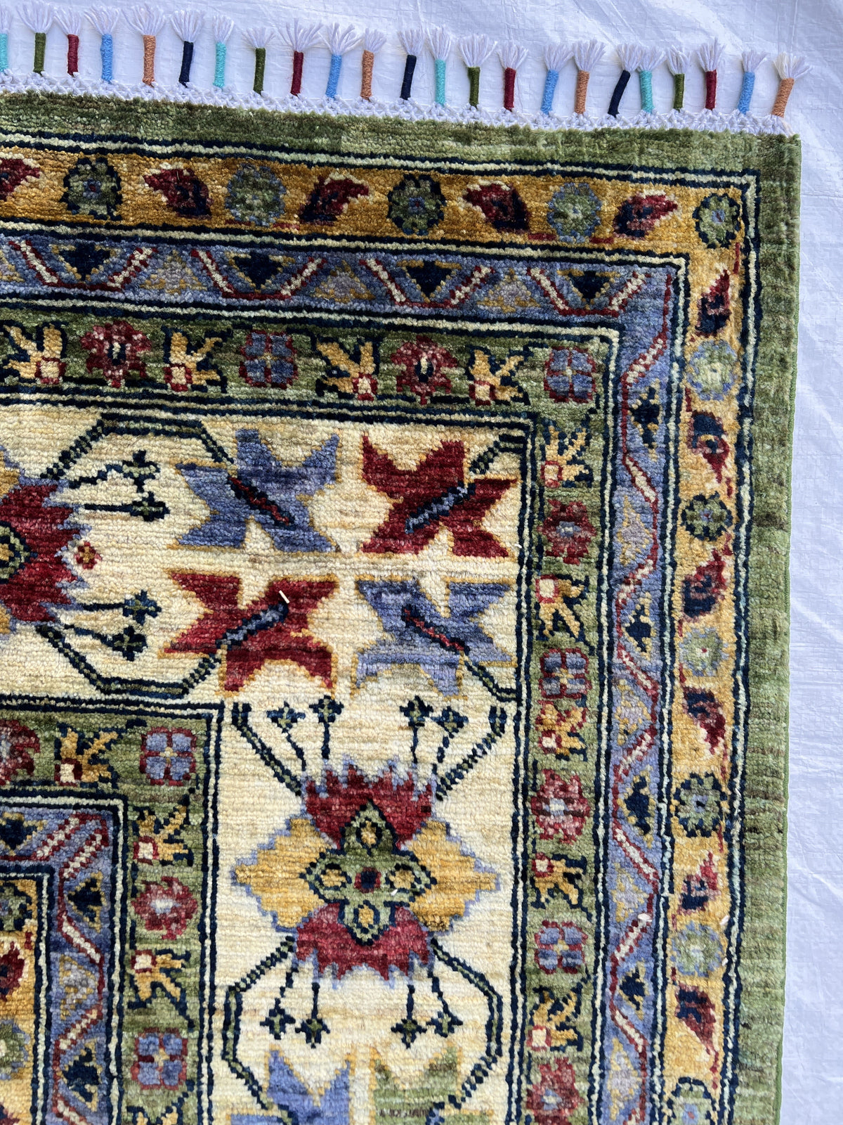 Super Kazak Rug 10x13 | Green, Ivory & Burgundy | Hand-Knotted Wool