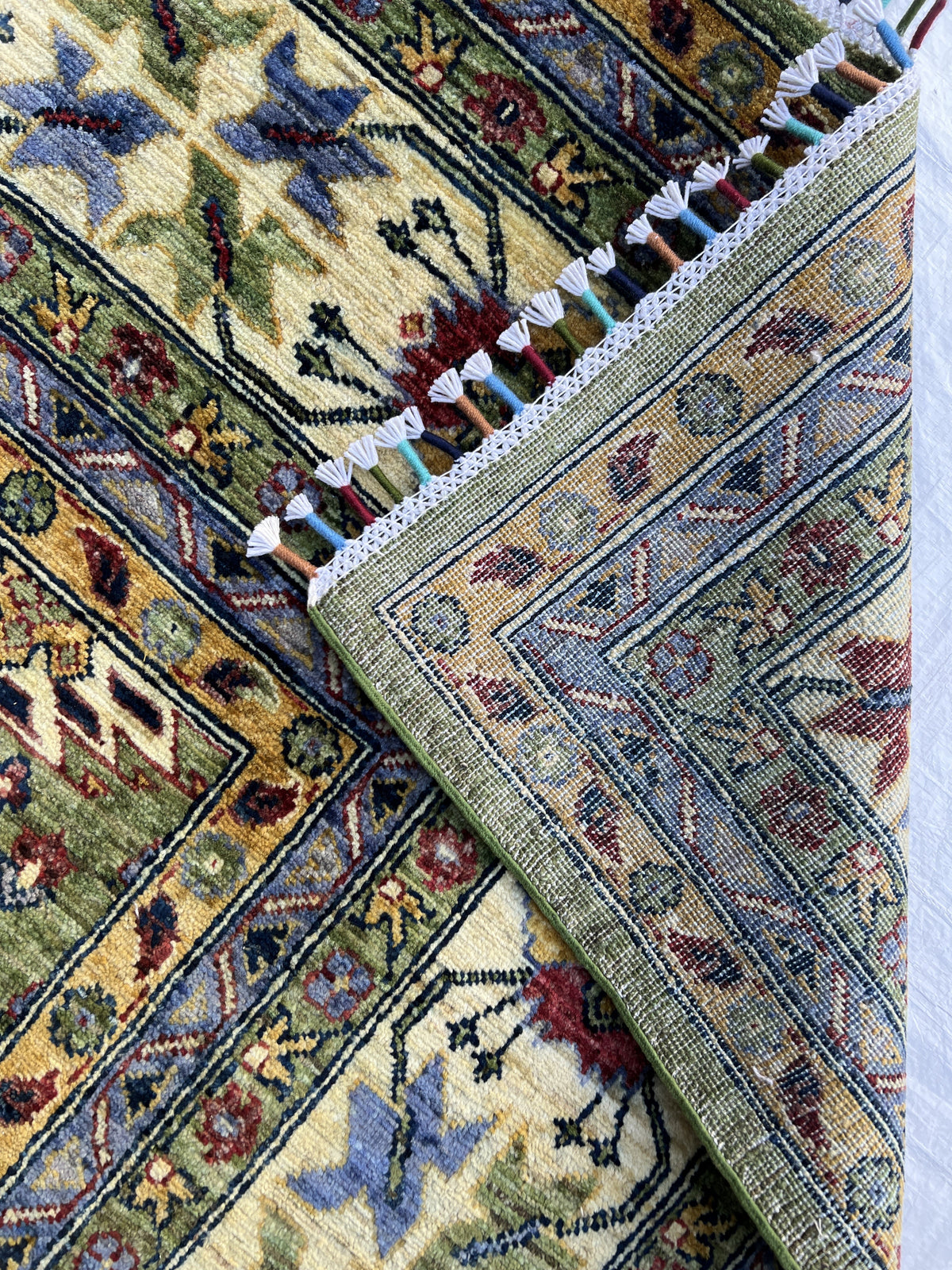 Super Kazak Rug 10x13 | Green, Ivory & Burgundy | Hand-Knotted Wool
