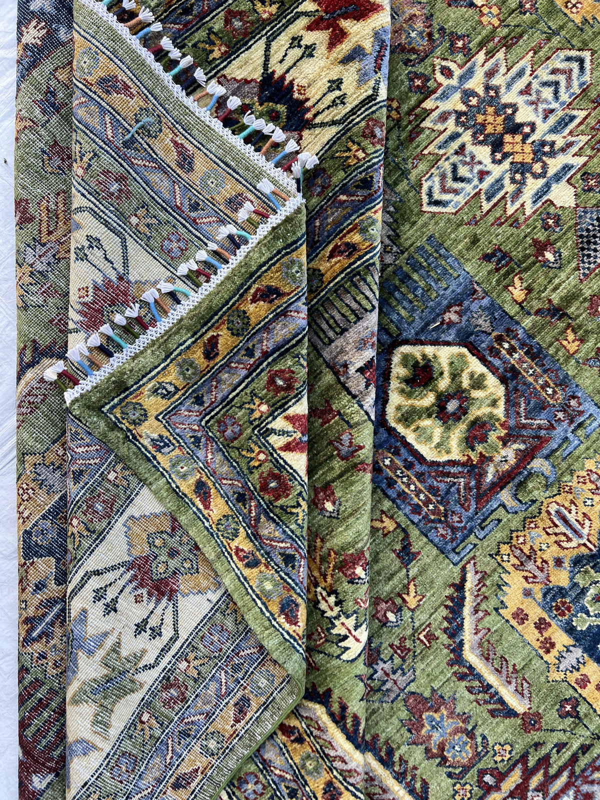 Super Kazak Rug 10x13 | Green, Ivory & Burgundy | Hand-Knotted Wool