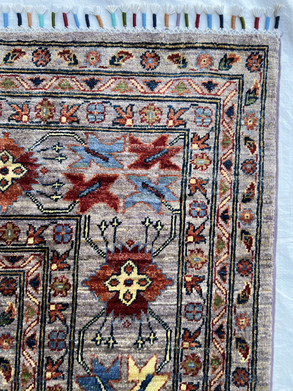 Super Kazak Rug 9x12 | Gray, Red & Blue | Hand-Knotted Wool
