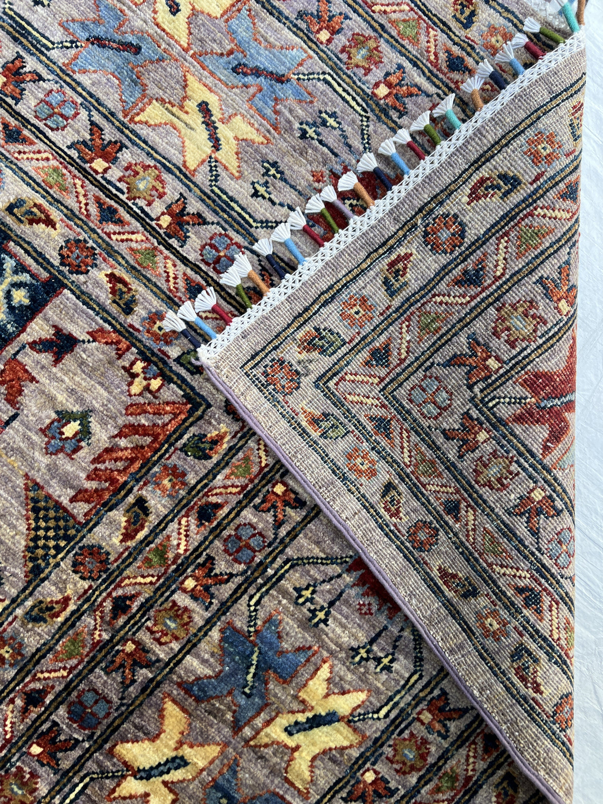 Super Kazak Rug 9x12 | Gray, Red & Blue | Hand-Knotted Wool