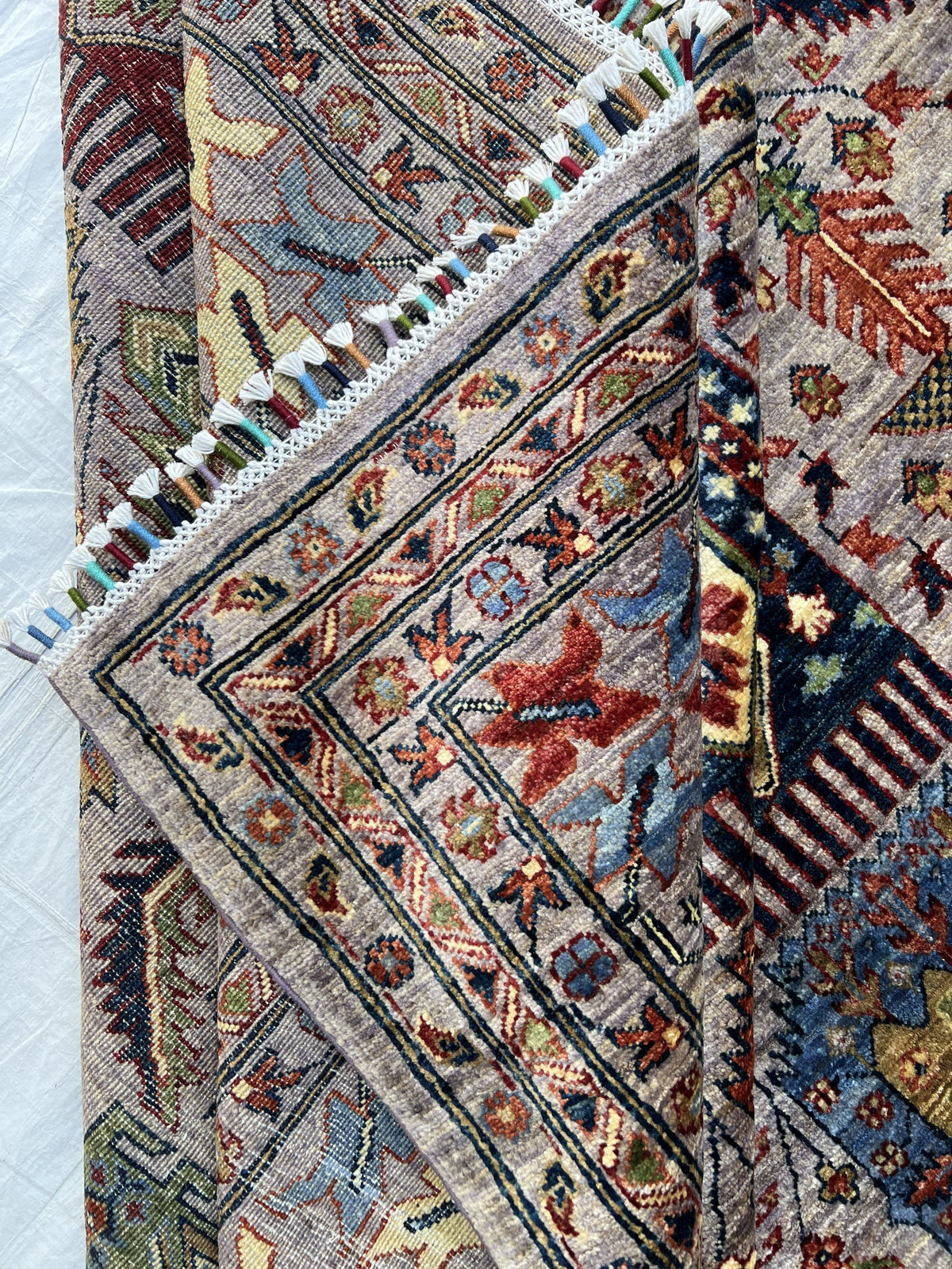 Super Kazak Rug 9x12 | Gray, Red & Blue | Hand-Knotted Wool