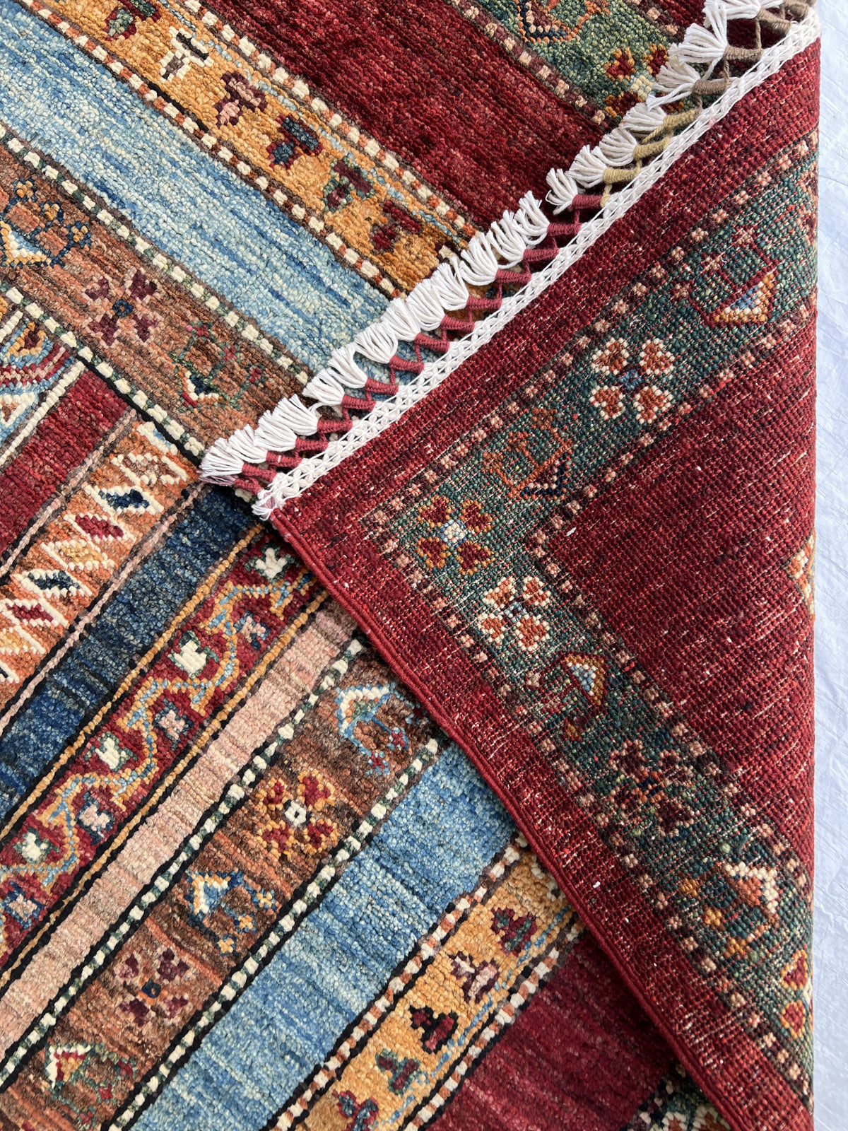 Chobi Striped Rug 8x10 | Brown, Blue & Burgundy | Hand-Knotted Wool
