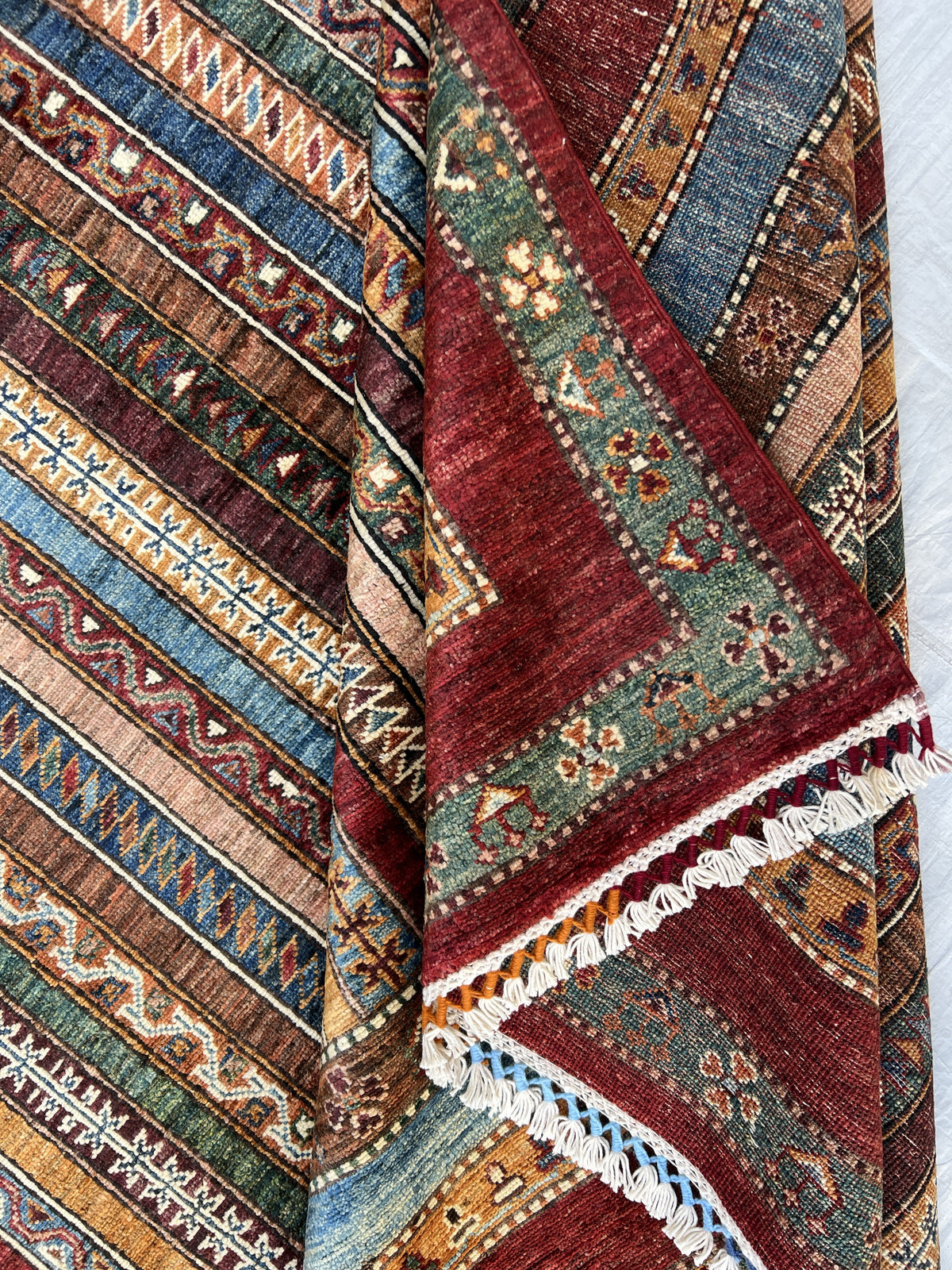 Chobi Striped Rug 8x10 | Brown, Blue & Burgundy | Hand-Knotted Wool