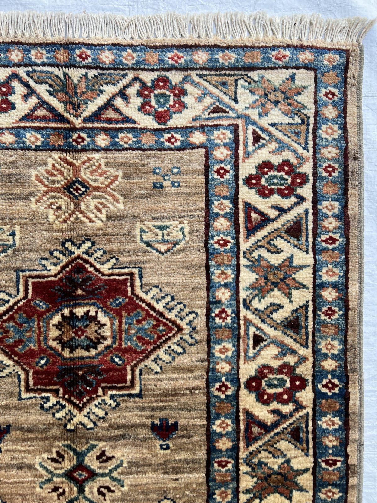 Super Kazak Runner 2x6 | Tan, Ivory & Red | Hand-Knotted Wool