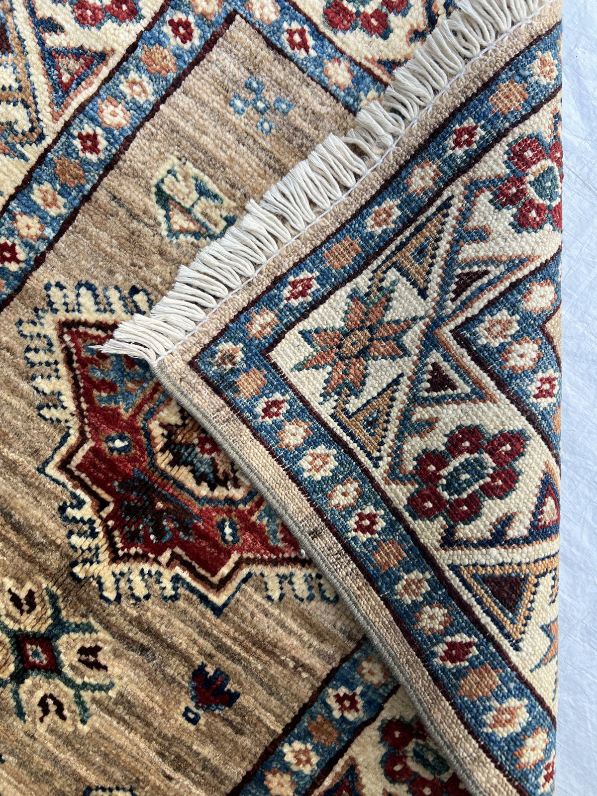 Super Kazak Runner 2x6 | Tan, Ivory & Red | Hand-Knotted Wool