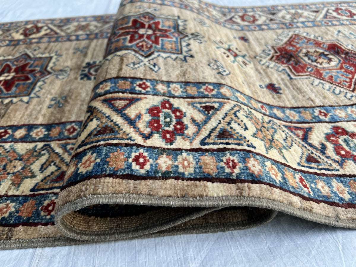 Super Kazak Runner 2x6 | Tan, Ivory & Red | Hand-Knotted Wool