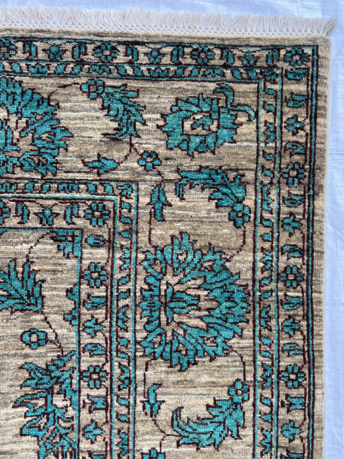 Chobi Ziegler Rug 6x9 | Beige, Teal & Gray | Hand-Knotted Wool