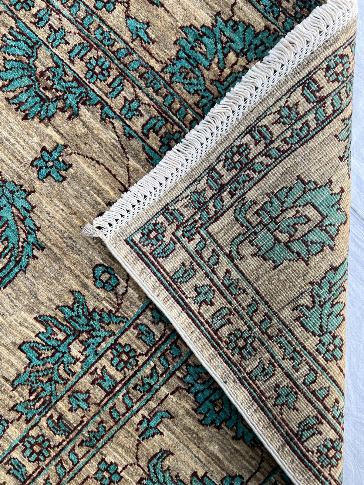 Chobi Ziegler Rug 6x9 | Beige, Teal & Gray | Hand-Knotted Wool