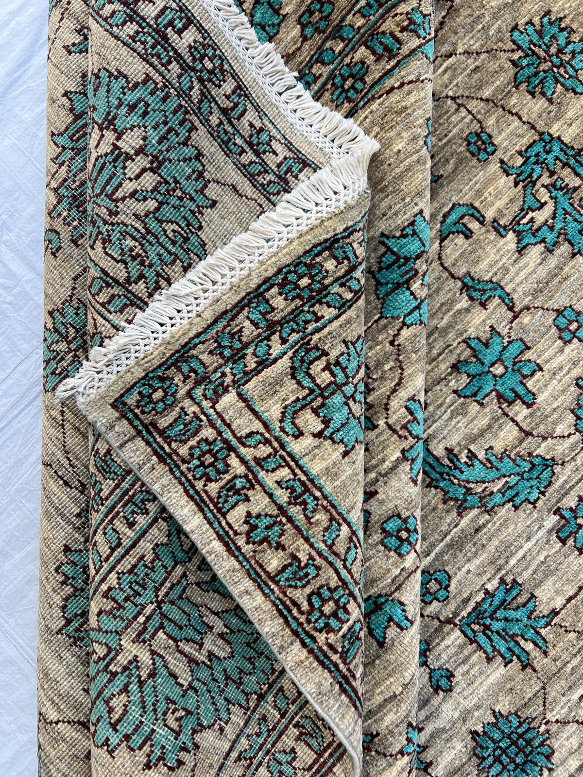 Chobi Ziegler Rug 6x9 | Beige, Teal & Gray | Hand-Knotted Wool