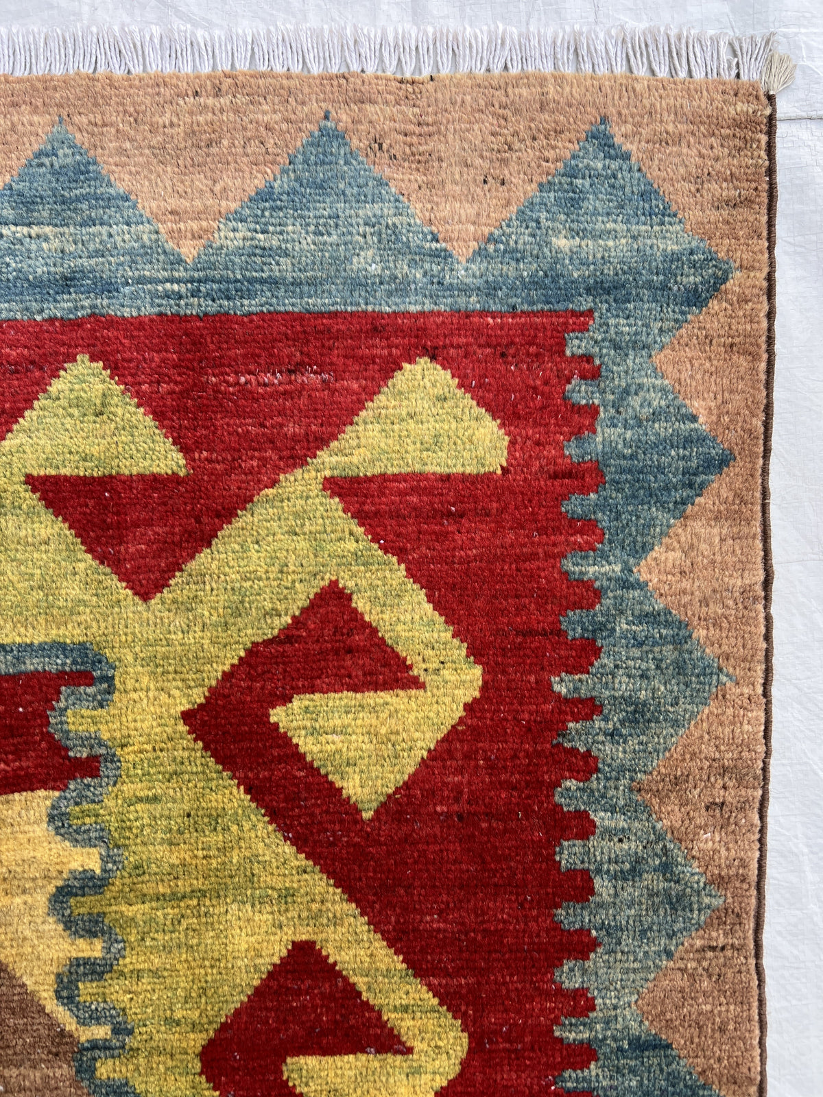 Chobi Kilim Design Rug 4x6 | Red, Tan & Olive | Hand-Knotted Wool Pile