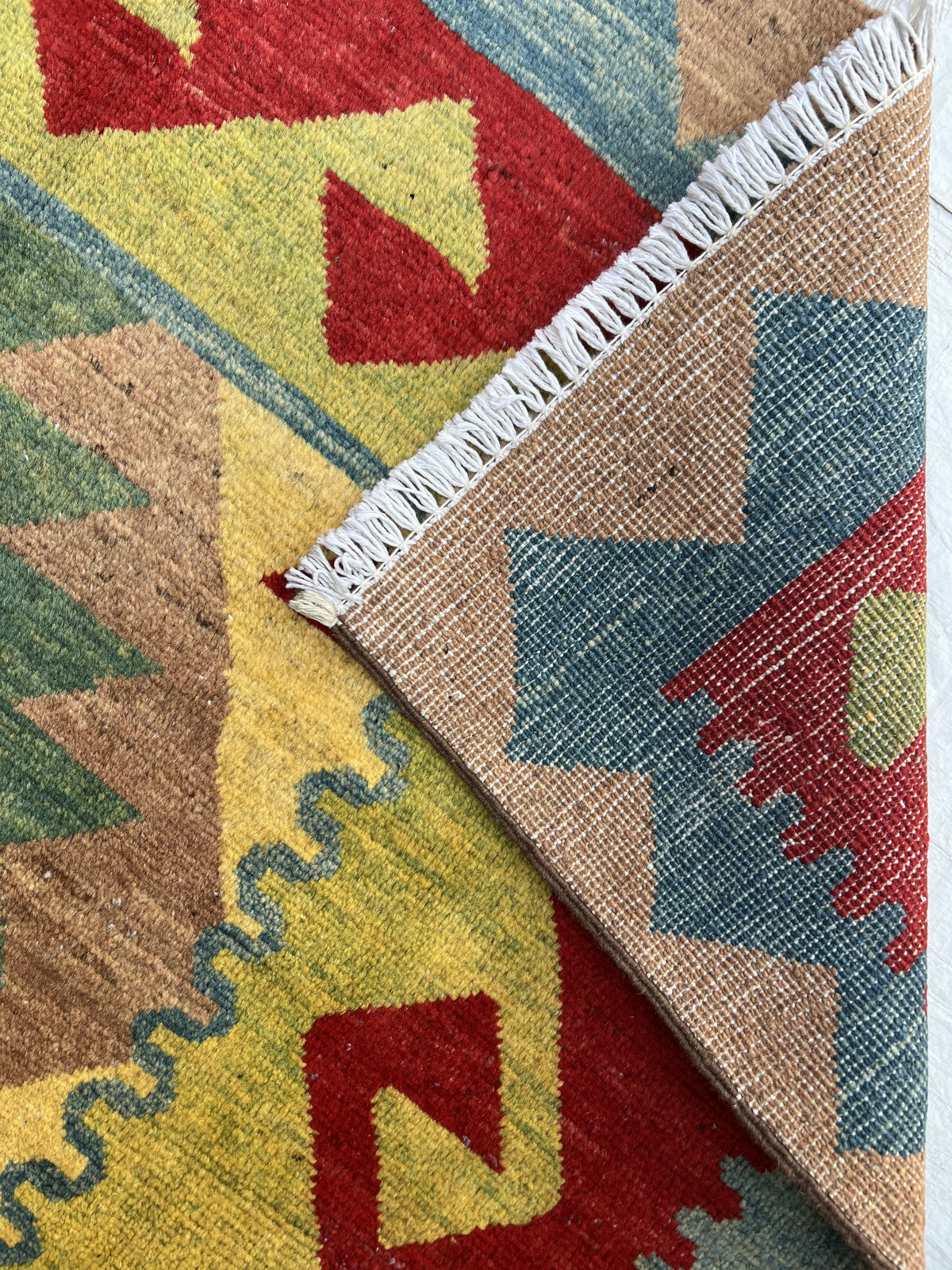 Chobi Kilim Design Rug 4x6 | Red, Tan & Olive | Hand-Knotted Wool Pile