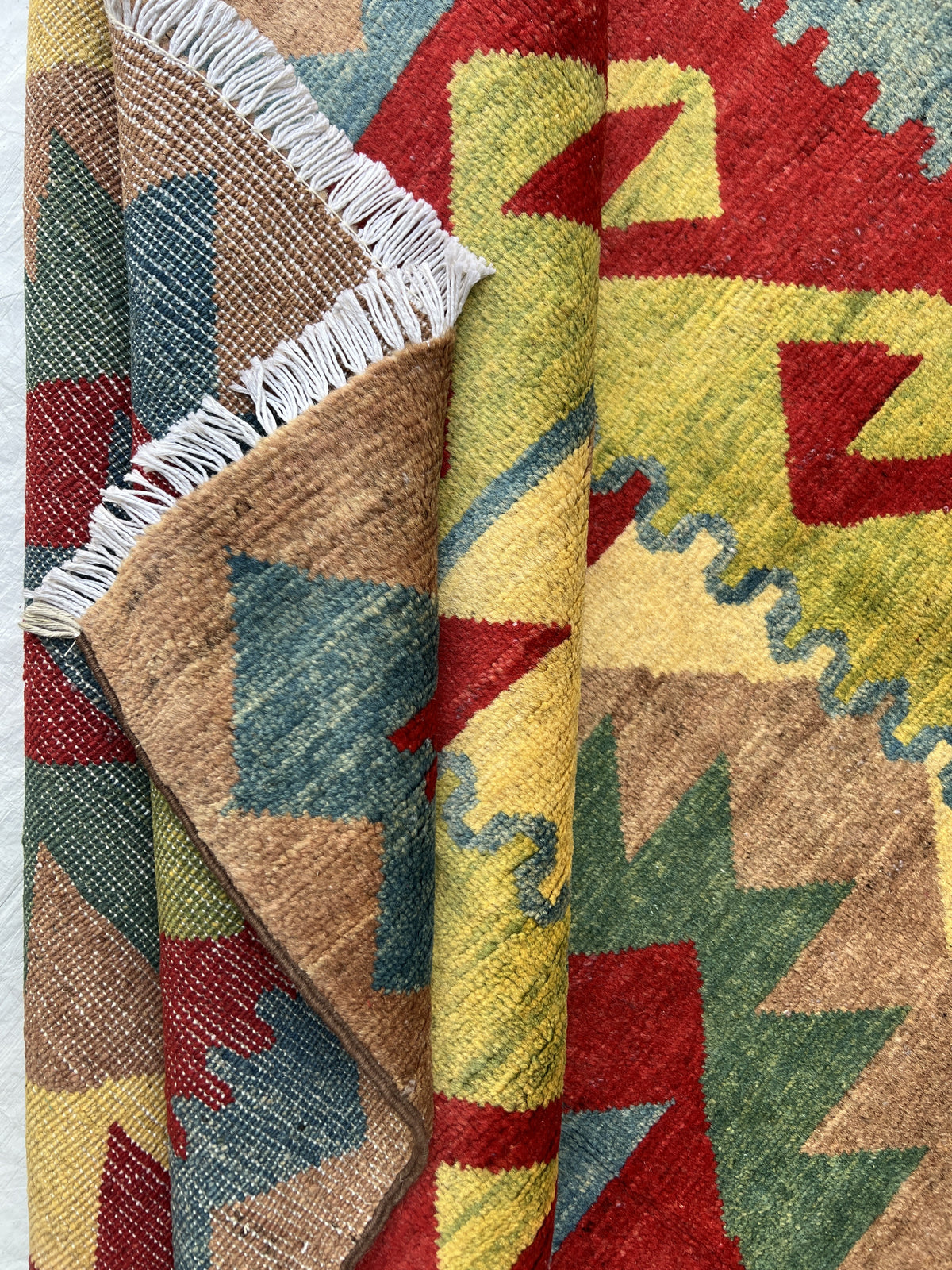 Chobi Kilim Design Rug 4x6 | Red, Tan & Olive | Hand-Knotted Wool Pile