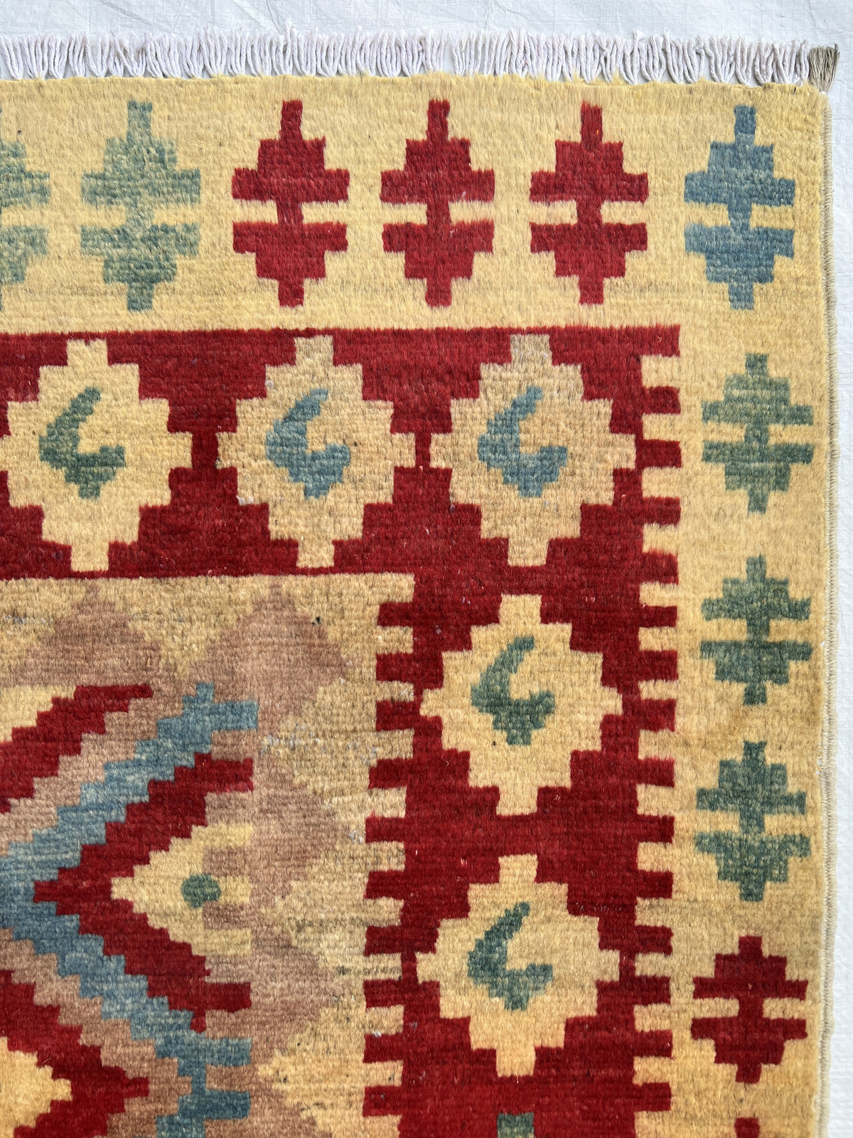Chobi Kilim Design Rug 4x6 | Red, Gold & Blue | Hand-Knotted Wool Rug