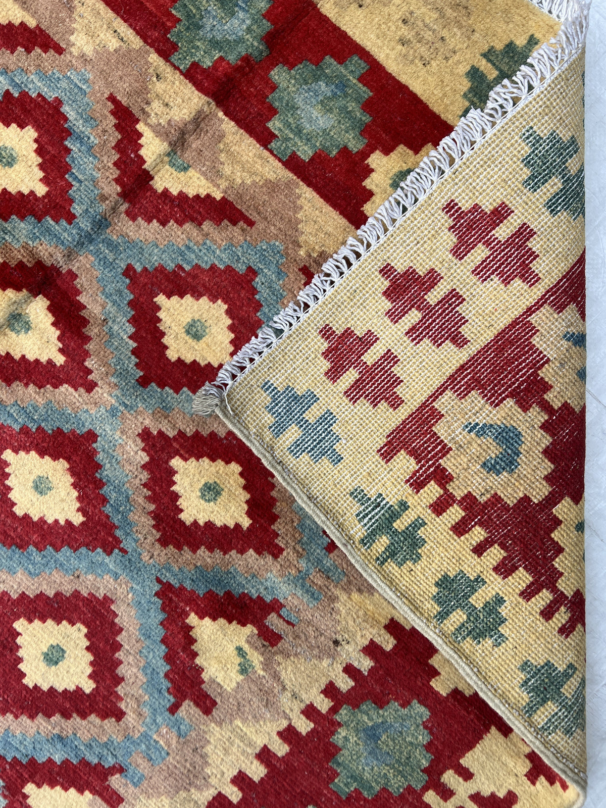 Chobi Kilim Design Rug 4x6 | Red, Gold & Blue | Hand-Knotted Wool Rug