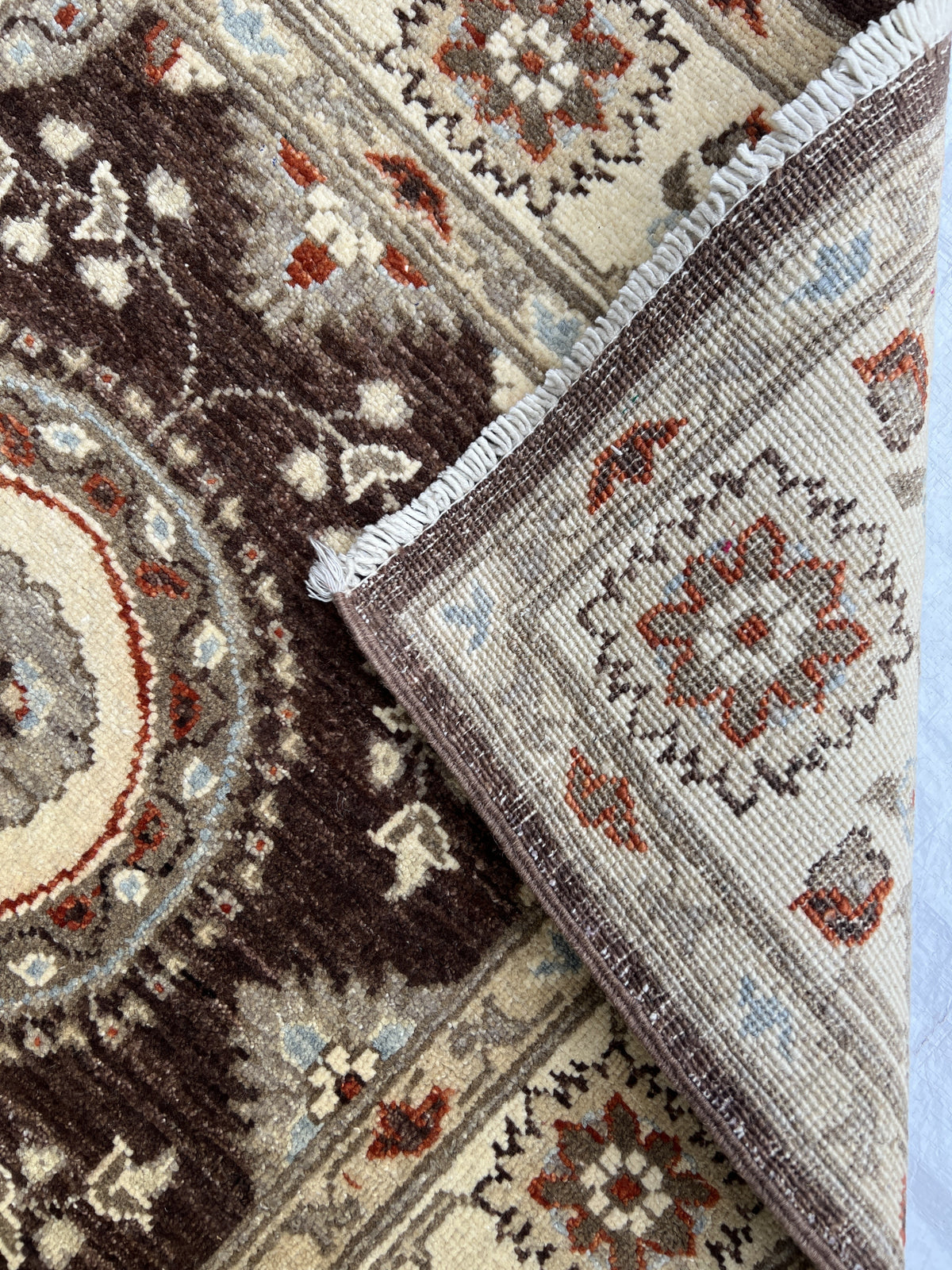 Chobi Suzani Design Runner 3x12 | Brown, Beige & Ivory | Hand-Knotted Wool