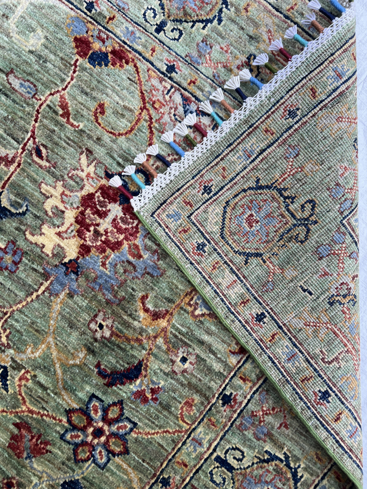 Chobi Ziegler Rug 5x6 | Sage, Green & Red | Hand-Knotted Wool