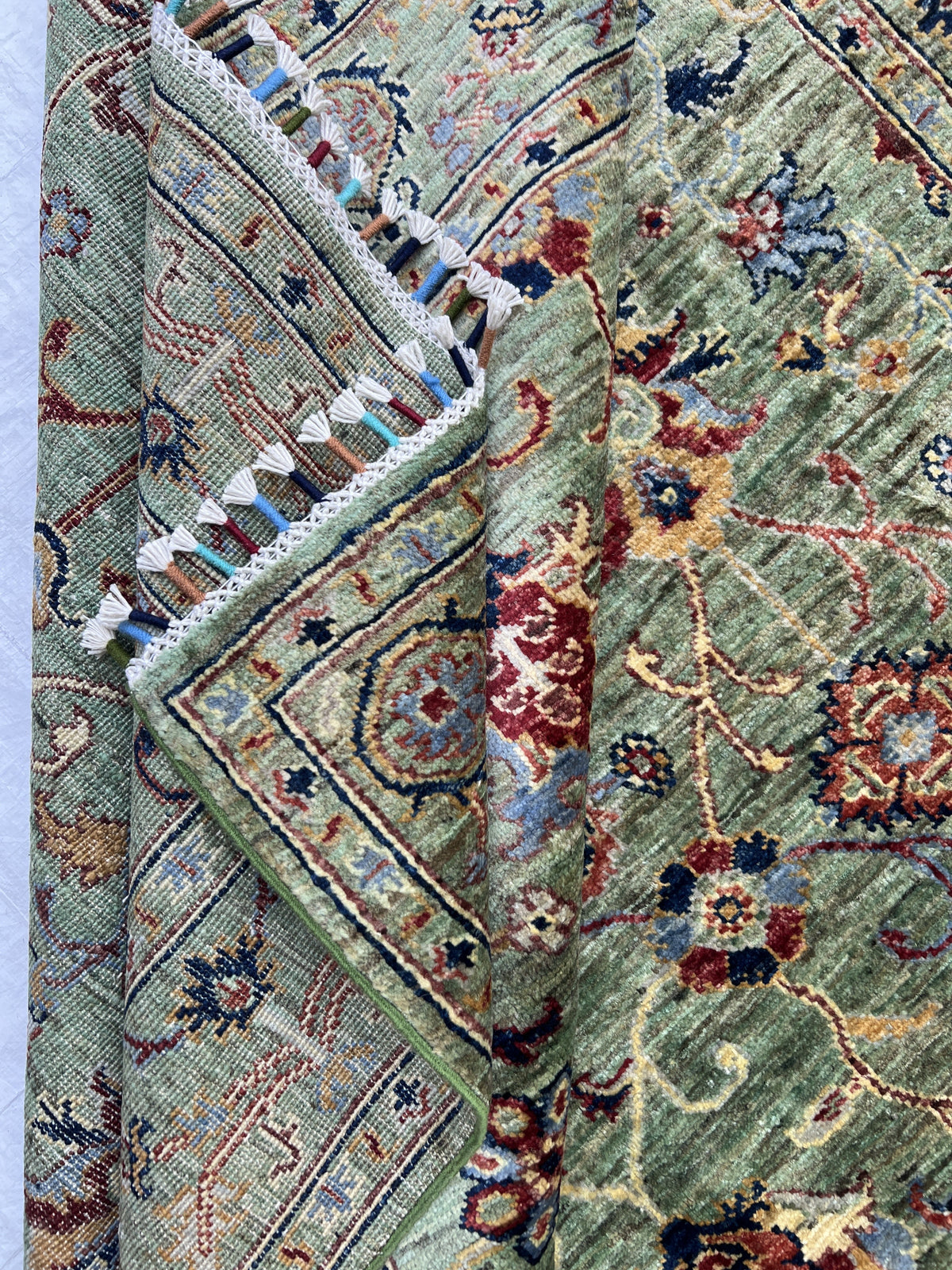 Chobi Ziegler Rug 5x6 | Sage, Green & Red | Hand-Knotted Wool