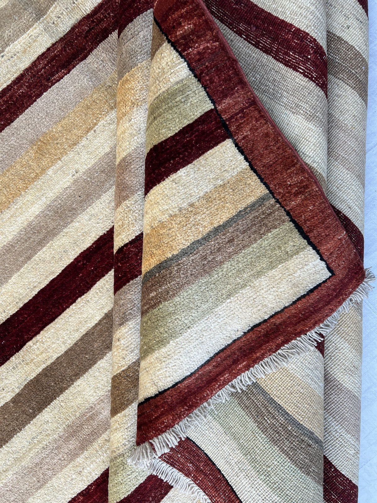 Striped Gabbeh Rug 8x10 | Ivory, Beige & Burgundy | Hand-Knotted Wool