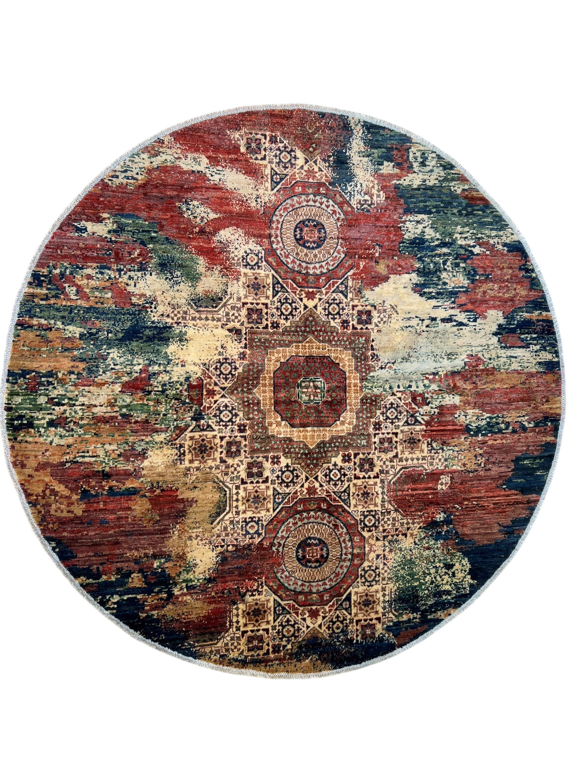 Round Modern Abstract Rug 6' | Red, Ivory & Green | Hand-Knotted Wool