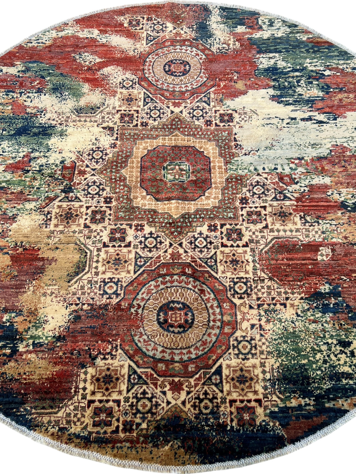 Round Modern Abstract Rug 6' | Red, Ivory & Green | Hand-Knotted Wool