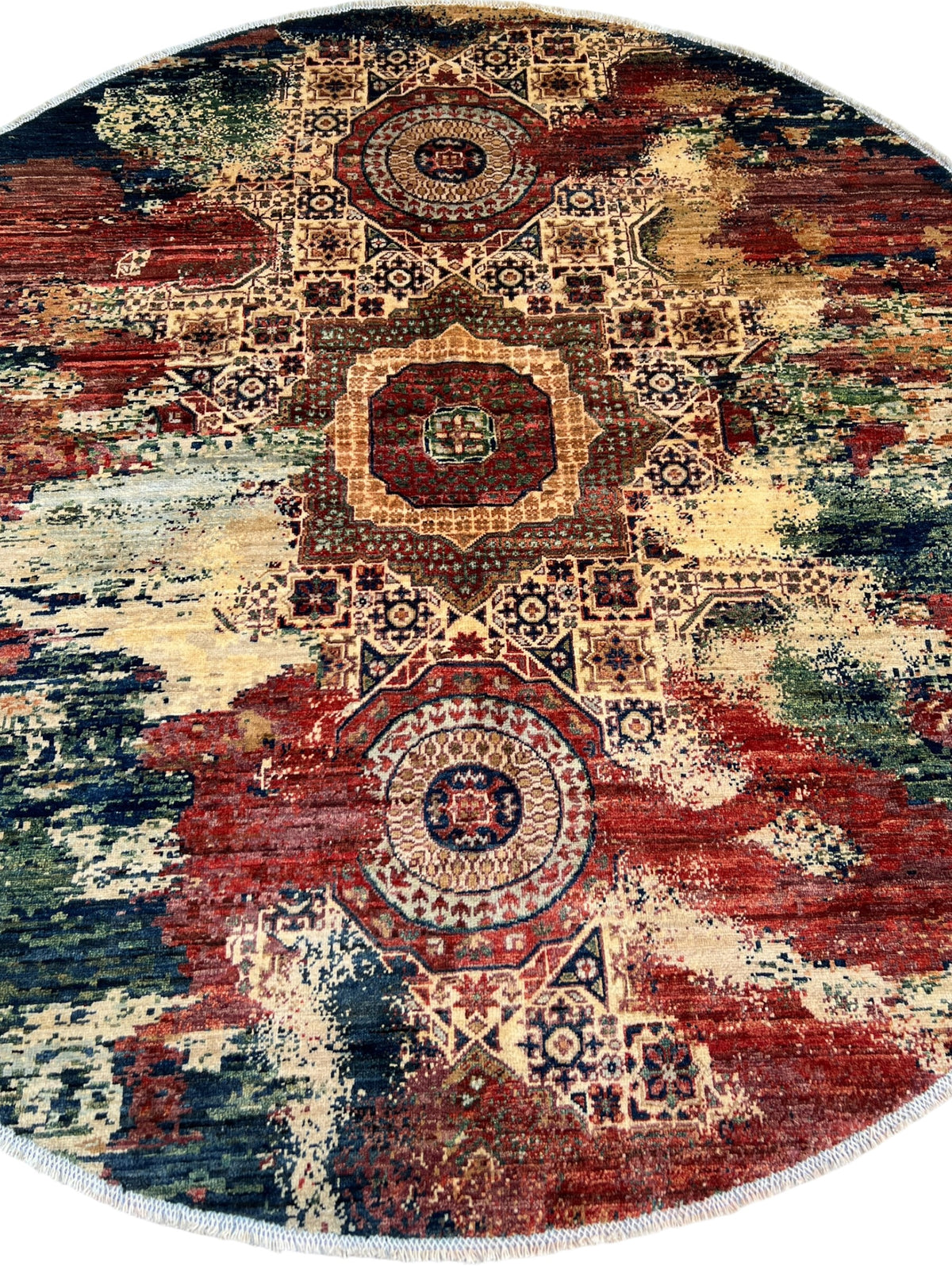 Round Modern Abstract Rug 6' | Red, Ivory & Green | Hand-Knotted Wool