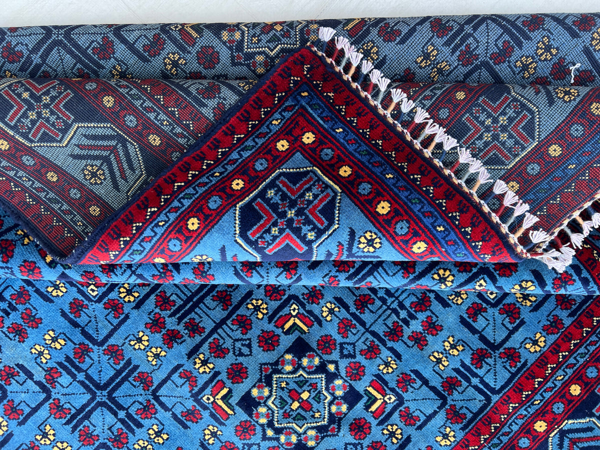 Bukhara Rug 6x8 | Blue, Navy & Red | Hand-Knotted Wool