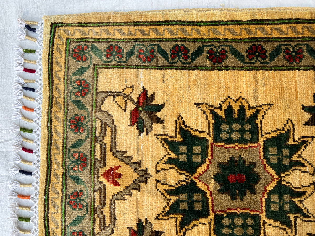 Super Kazak Rug 2x3 | Ivory, Green & Gold | Hand-Knotted Wool