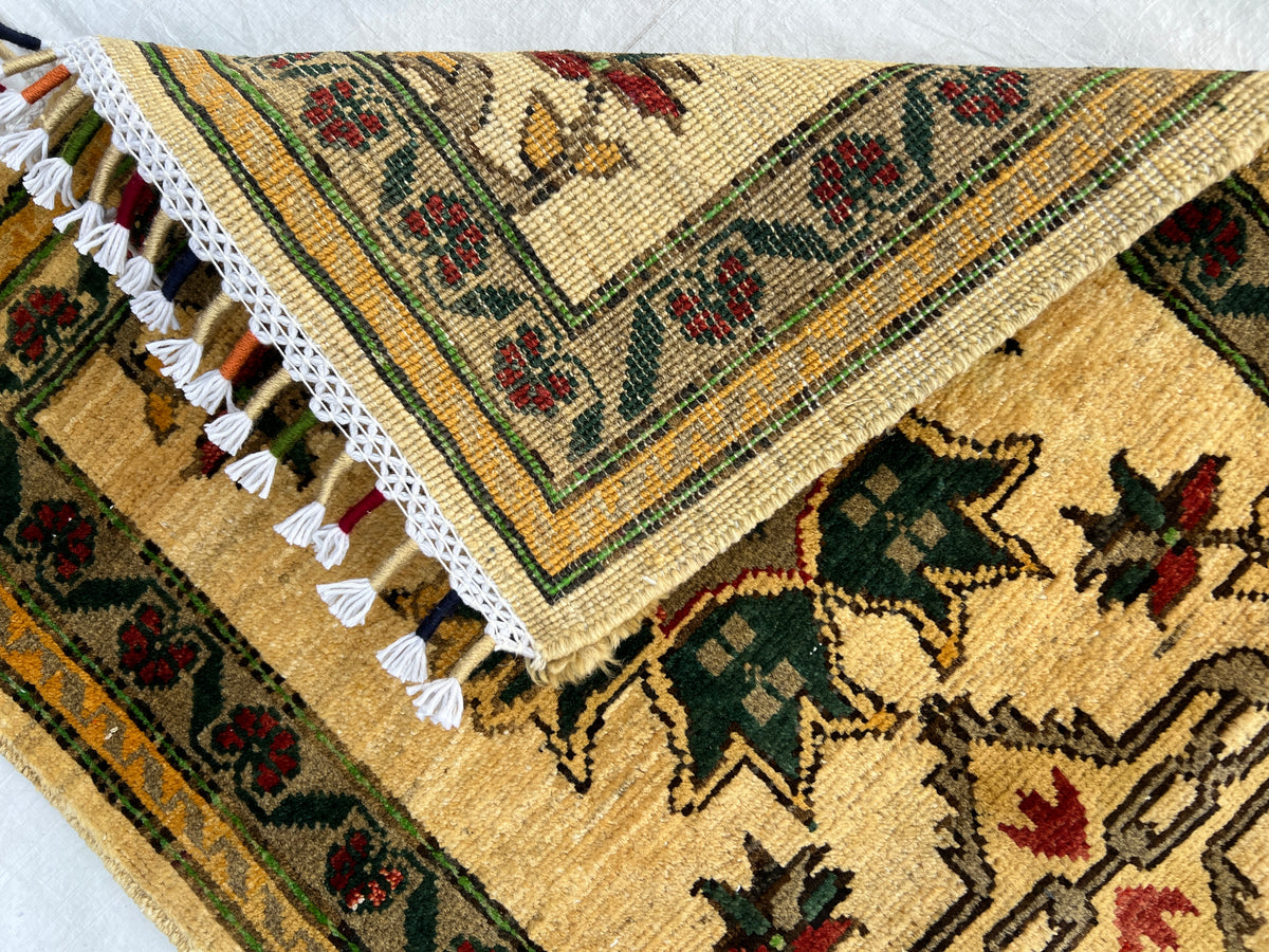 Super Kazak Rug 2x3 | Ivory, Green & Gold | Hand-Knotted Wool