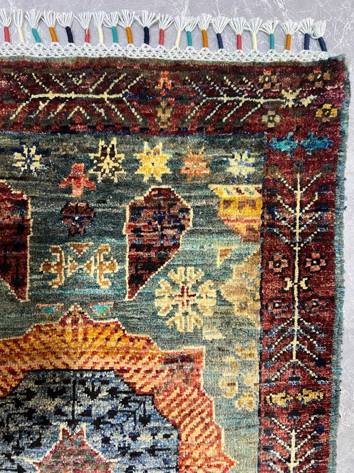Chobi Mamluk Rug 2x3 | Teal, Brown & Orange | Hand-Knotted Wool