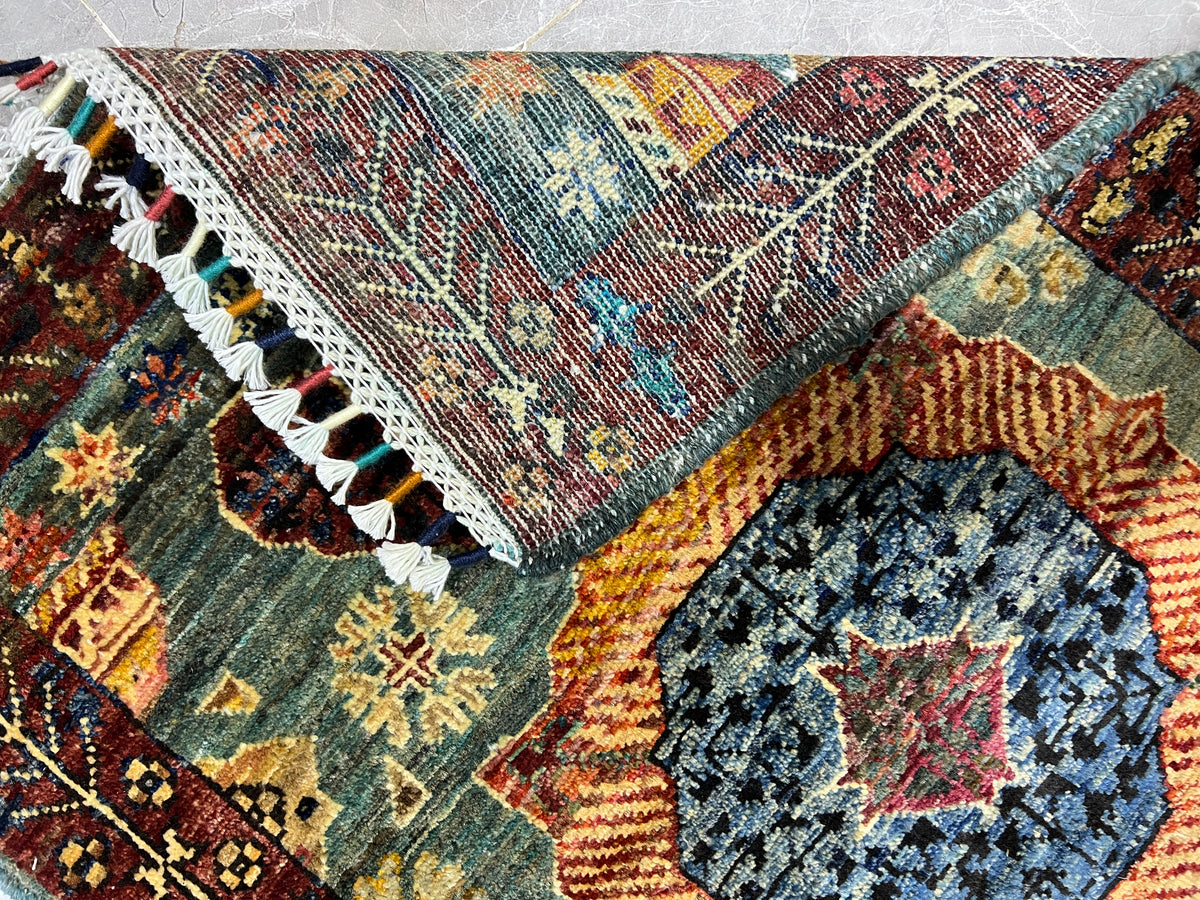 Chobi Mamluk Rug 2x3 | Teal, Brown & Orange | Hand-Knotted Wool