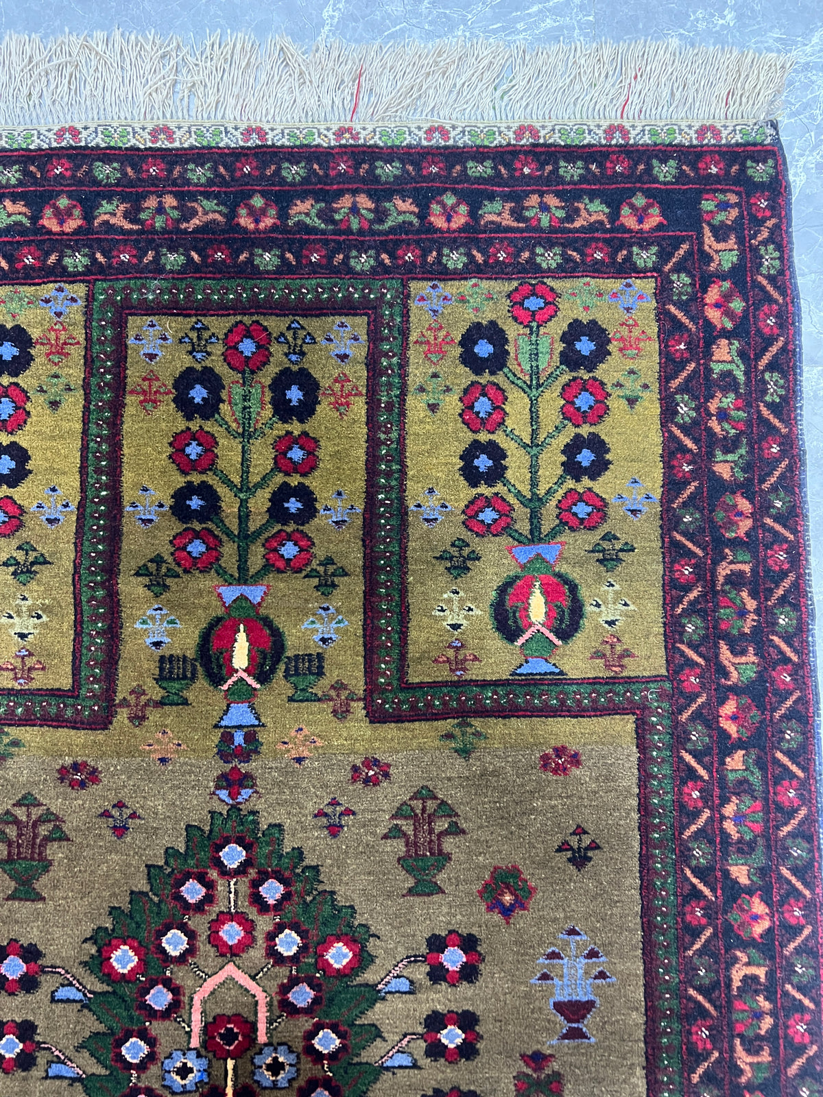 Kazak Prayer Rug 3x5 | Olive, Burgundy & Red | Hand-Knotted Wool