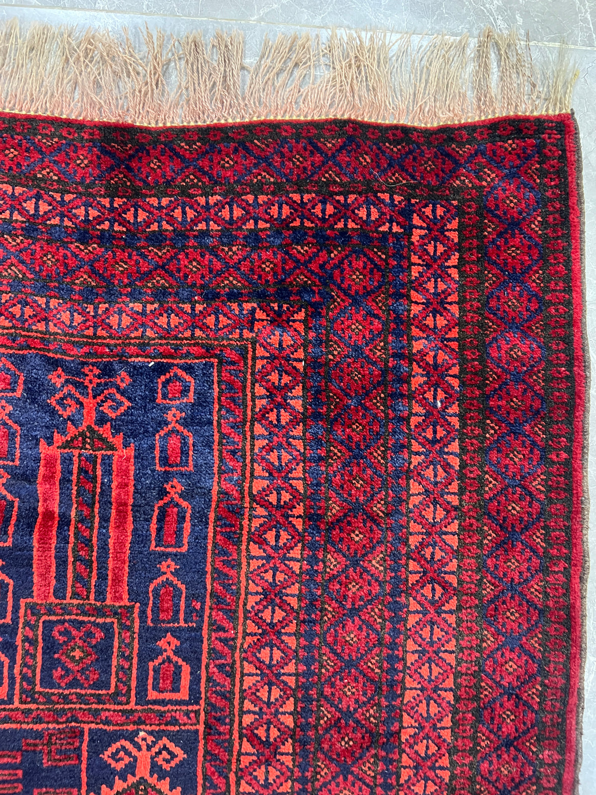 Mosque Prayer Rug 3x5 | Red, Navy & Burgundy | Hand-Knotted Wool