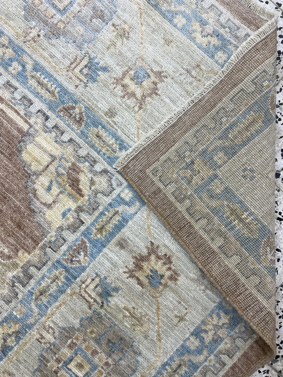 Oushak Rug 9x12 | Brown, Light Blue & Ivory | Hand-Knotted Wool