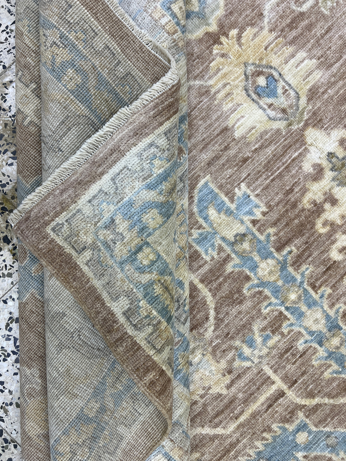 Oushak Rug 9x12 | Brown, Light Blue & Ivory | Hand-Knotted Wool