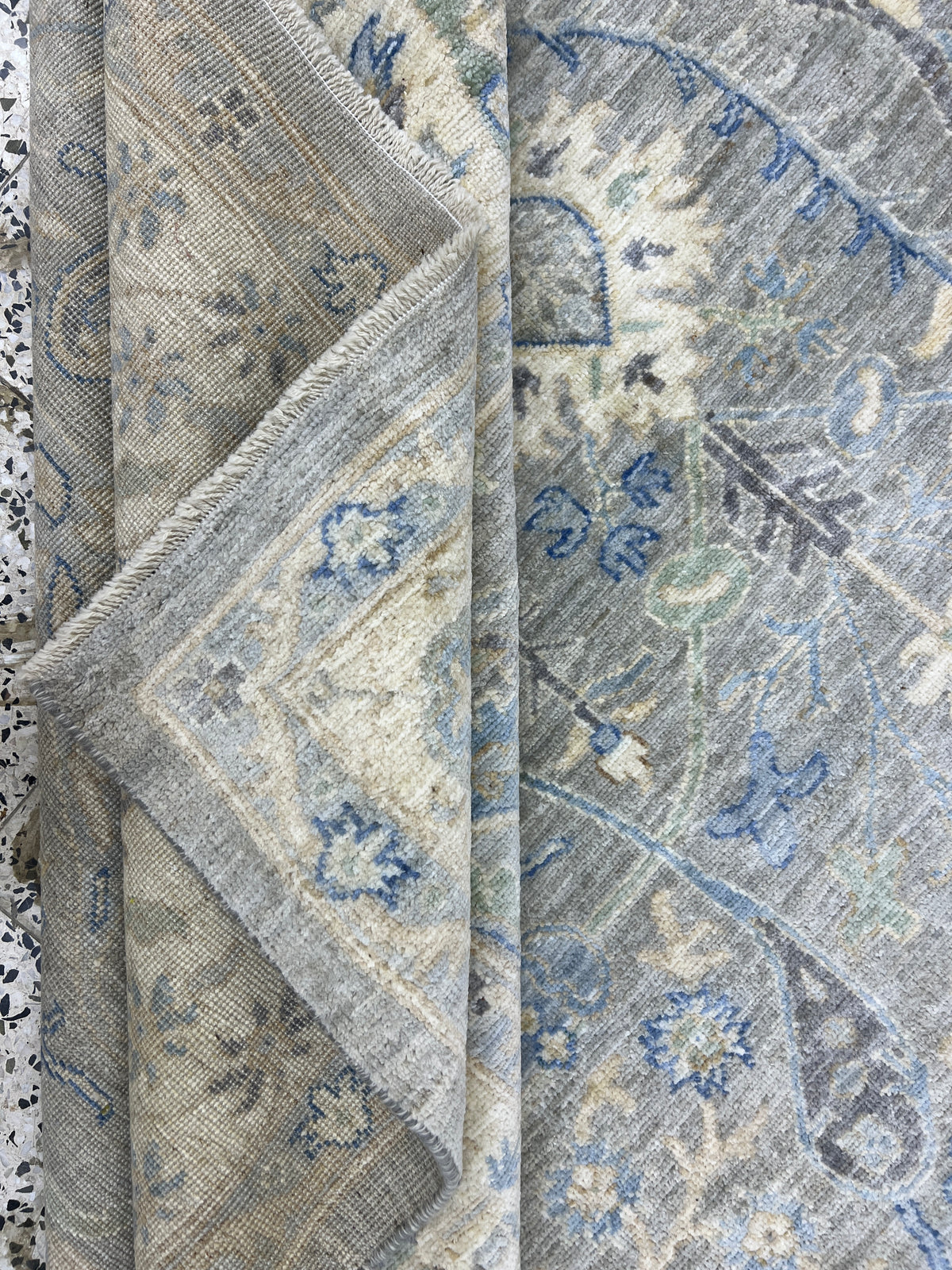 Oushak Rug 9x12 | Gray, Ivory & Blue | Hand-Knotted Wool