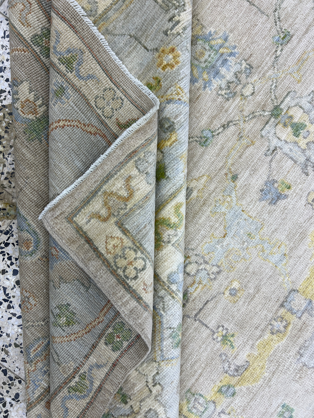 Oushak Rug 9x12 | Light Blue, Taupe & Green | Hand-Knotted Wool