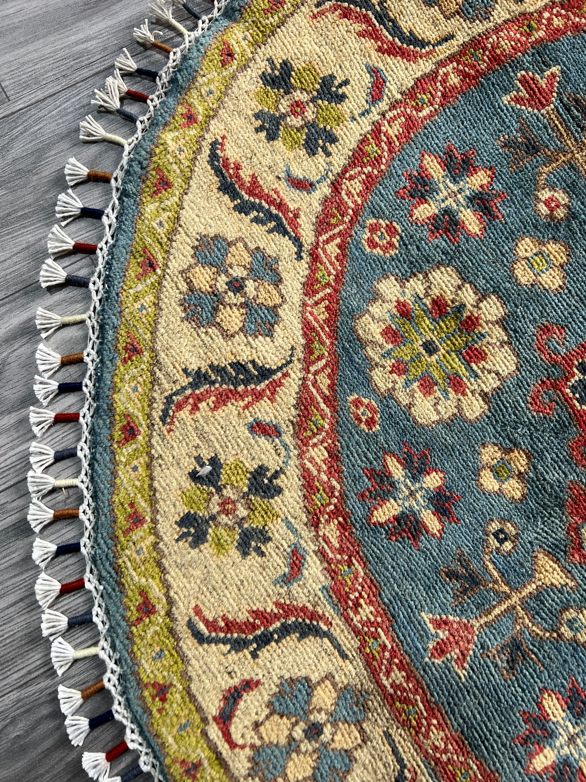 Round Kazak Rug 3' | Gray, Gold & Red | Hand-Knotted Wool