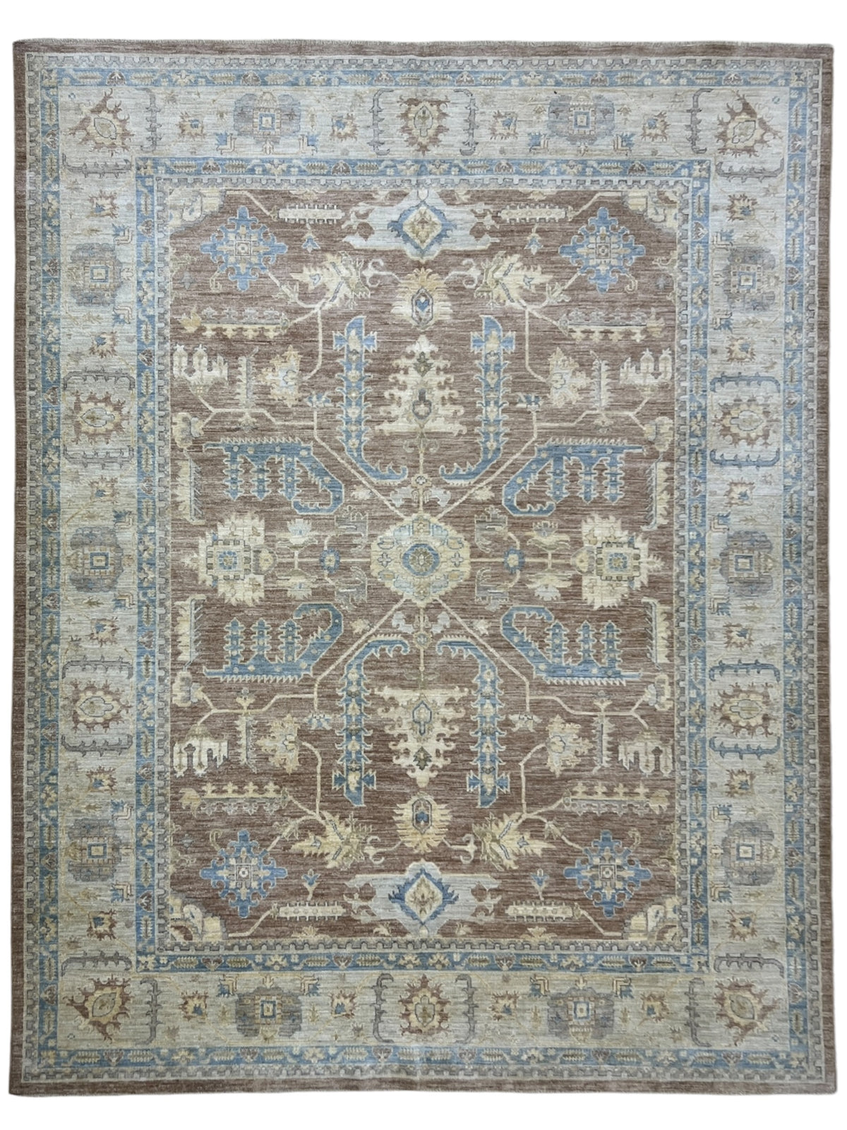 Oushak Rug 9x12 | Brown, Light Blue & Ivory | Hand-Knotted Wool